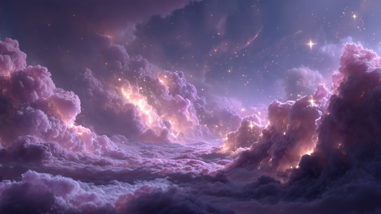 A Stunning Celestial Scene Filled with Ethereal Clouds and Dazzling Stars, Capturing the Beauty of an Otherworldly Sky