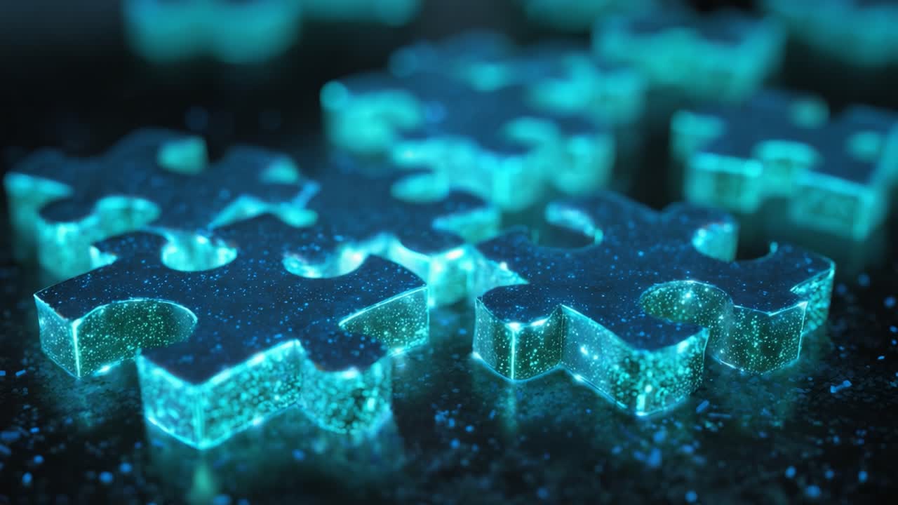 Luminous cyan puzzle pieces covered in sparkling glitter laying on a dark surface, symbolizing connection, teamwork, and problem solving through a mesmerizing and abstract visual concept