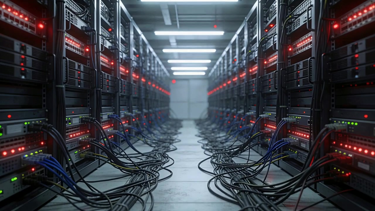 Camera recording aisle between racks in DC, with blinking LEDs and cables showing server operation