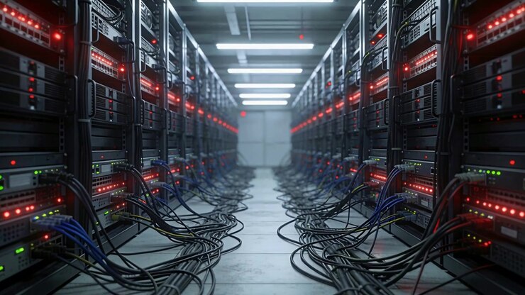 Camera recording aisle between racks in DC, with blinking LEDs and cables showing server operation