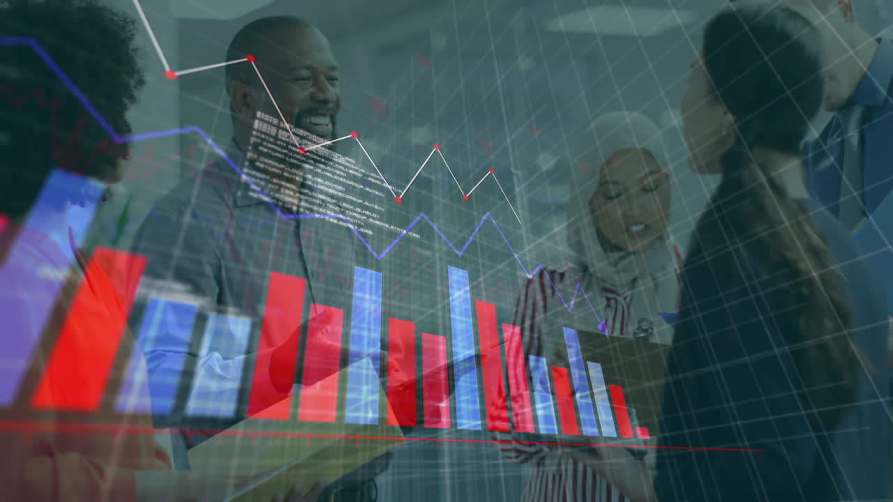 Business people discussing data with bar and line charts animation over them