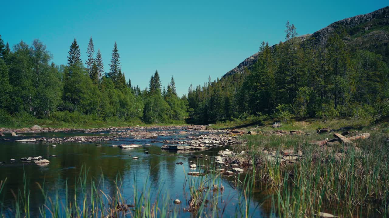 River Stream At The Mountain In Indre Fosen, Norway - Wide Shot