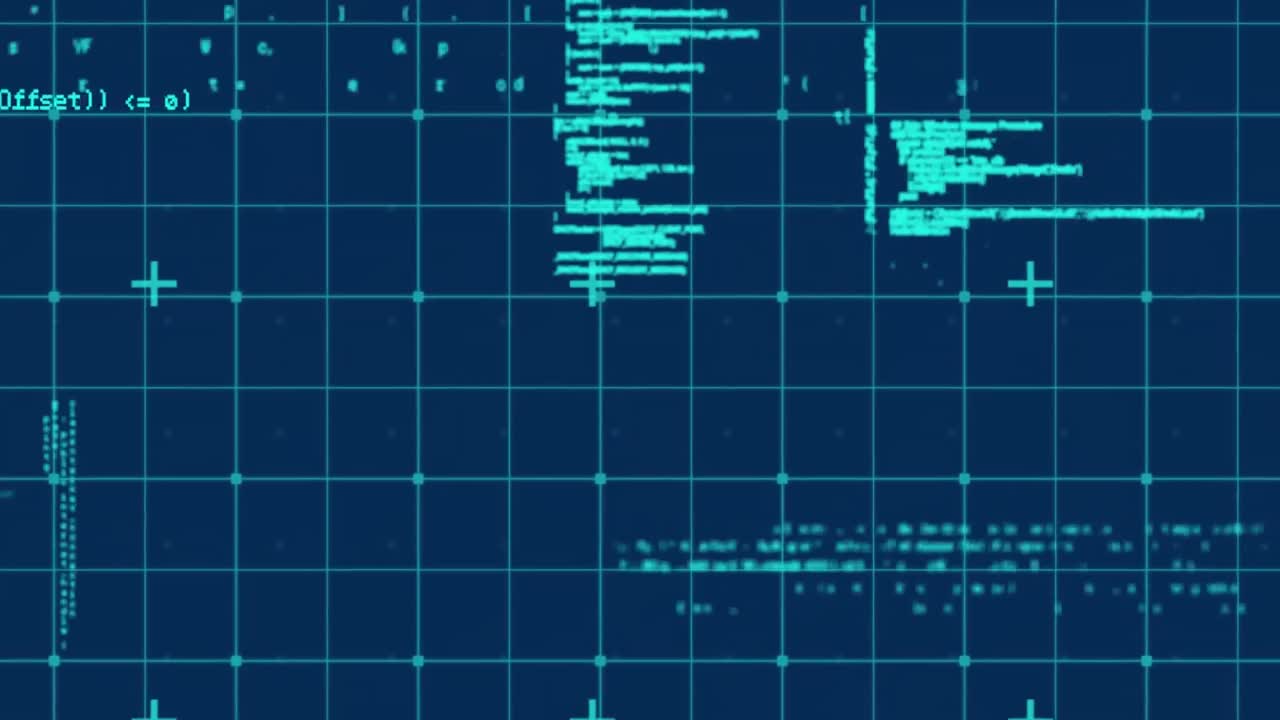 Animation of data processing over grid on blue background