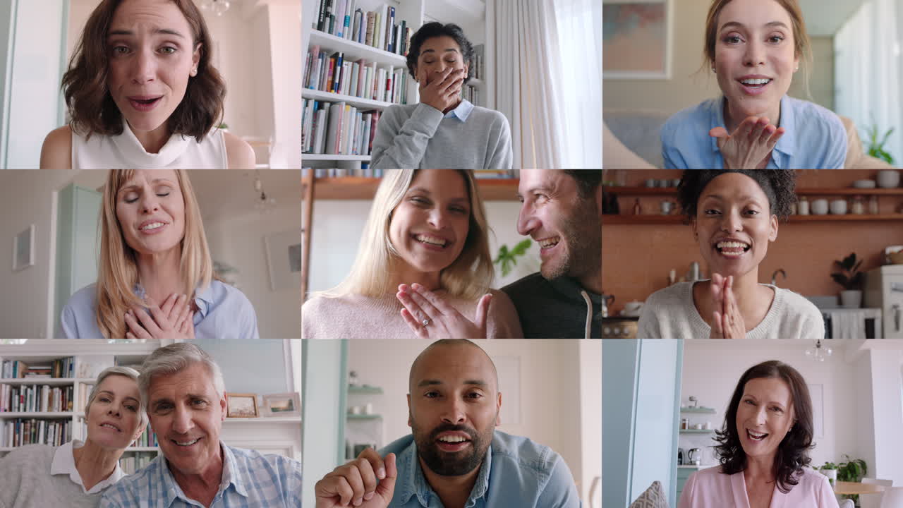 happy couple sharing engagement with friends and family on group video chat woman showing wedding ring sharing excitement over webcam