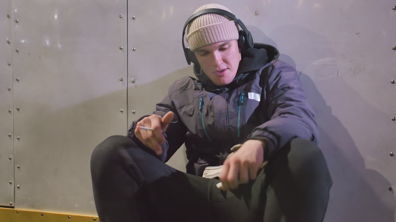 Young man wearing headphones seated on ball leaning against metallic wall with yellow paint, smoking while adjusting gloves on lap, reflecting a casual and reflective mood in urban night setting