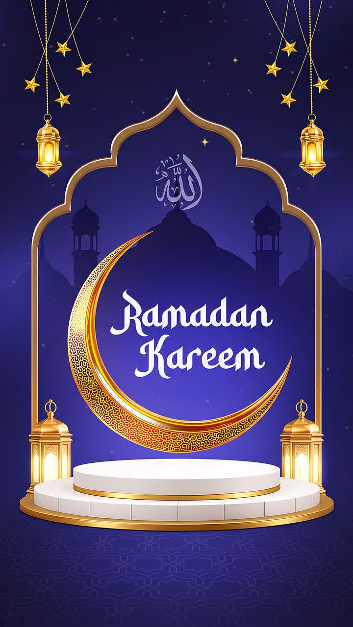 Animazione per storie Ramadan Kareem con luna crescente, lanterne e arco dorato su sfondo blu