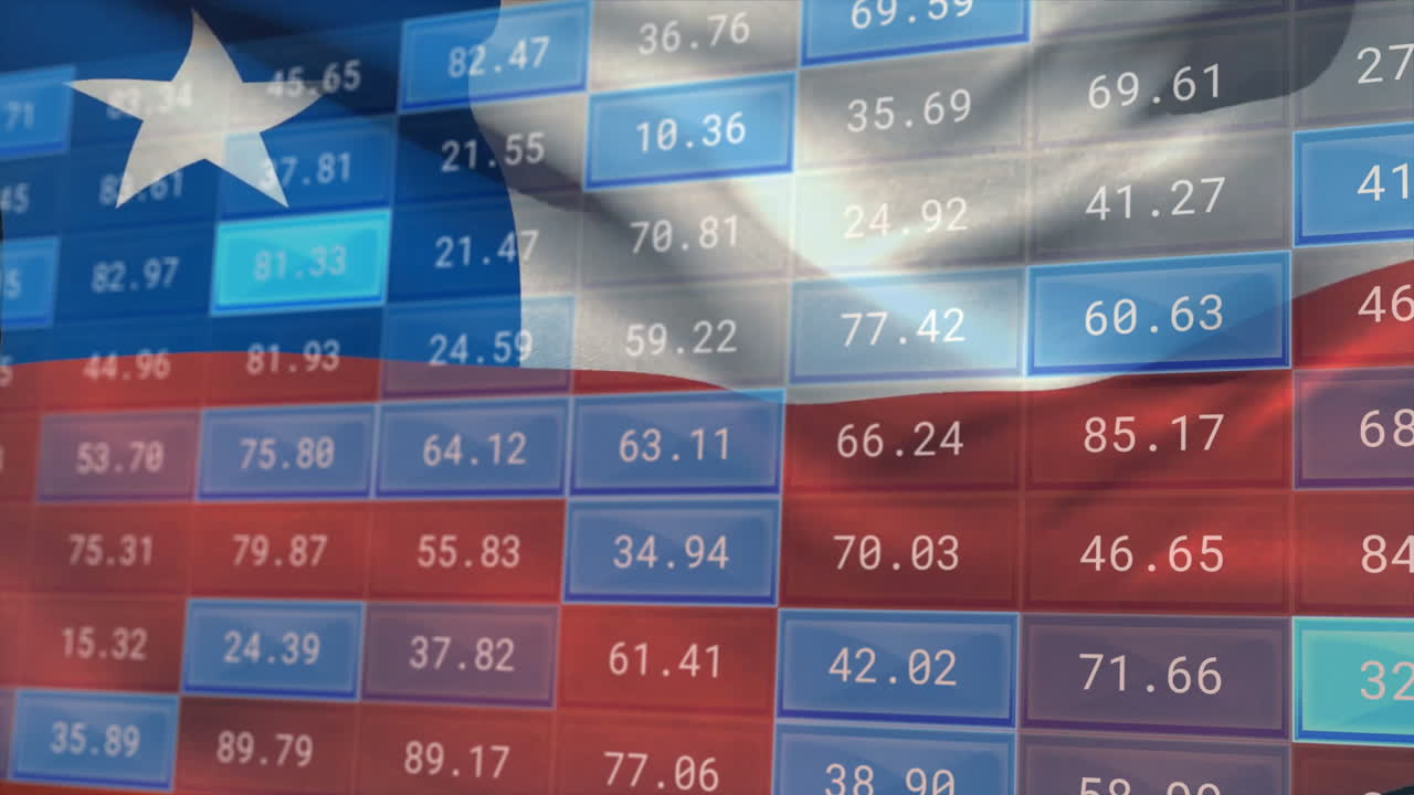 animación del procesamiento de datos financieros sobre la bandera de chile