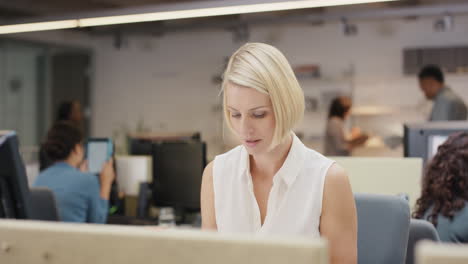 Powerful-Businesswoman-executive-working-at-computer-using-smart-phone-connected-to-global-data-in-busy-corporate-office