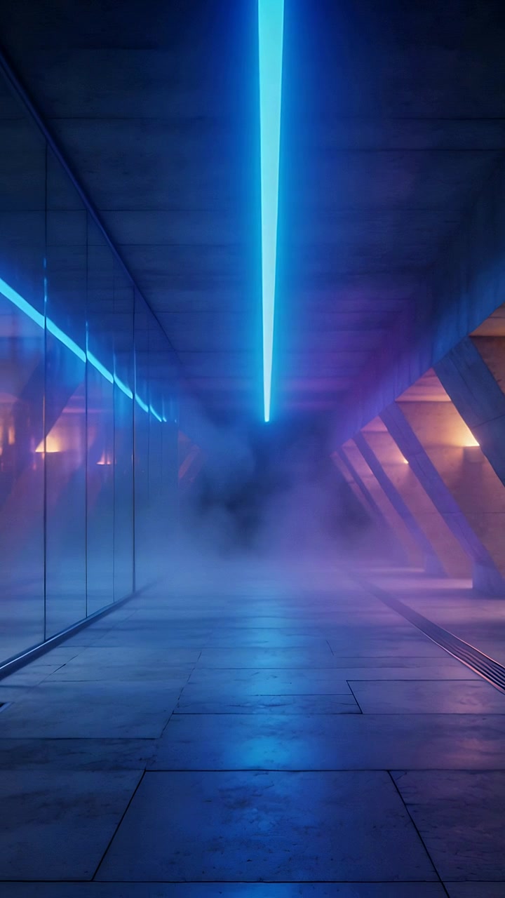 Vertical video: Glowing neon strip drawing gaze down tiled passage in covered way