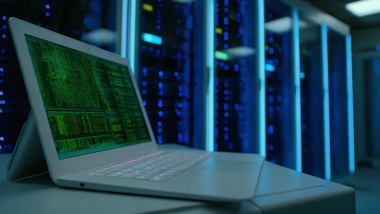 A sleek laptop displays complex data sets in a high-tech environment, showcasing vibrant green coding against a backdrop of illuminated server racks