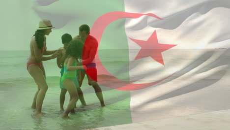 animación de la bandera de argelia sobre una familia biracial en la playa