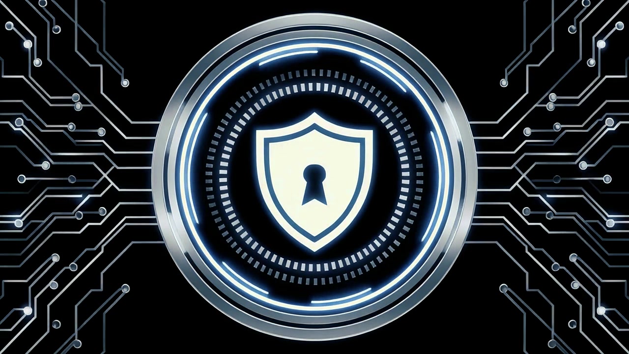 Animated Digital Security Shield Icon with Glowing Circuit Board