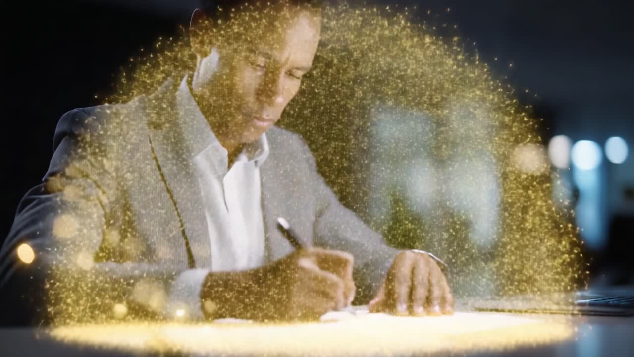 Concentration and Creativity: A Professional Man Writing Thoughtfully at Night with an Air of Inspiration and Sparkle Surrounding His Workspace