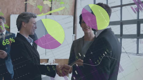 animation of financial data processing over diverse colleagues shaking hands in office