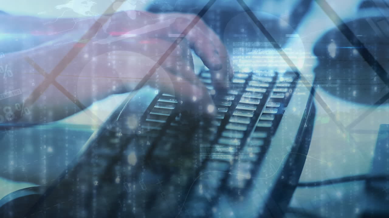 빛나는 빛과 컴퓨터 키보드에서 타이핑하는 사람의 애니메이션