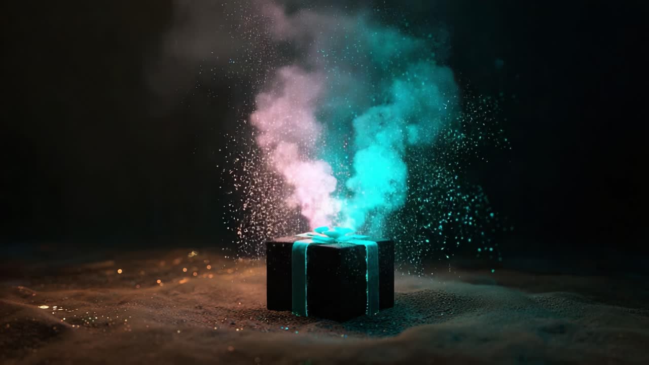 A mesmerizing display of vibrant colored smoke emanating from a mysterious gift box, creating an enchanting visual spectacle that captivates the viewer's imagination and evokes curiosity