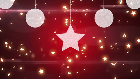 animación de bolas de navidad y estrellas cayendo sobre un fondo rojo