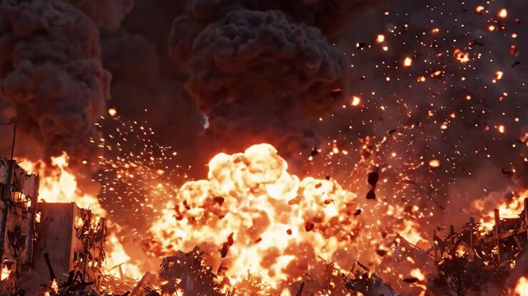 A Catastrophic Inferno: A Gripping Visual of Destruction with Erupting Flames and Billowing Smoke Engulfing the Ruins of a Devastated Urban Landscape