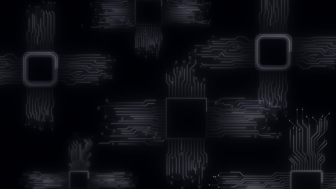 Hightech animation glowing digital pathways connecting microchip nodes complexity of computing