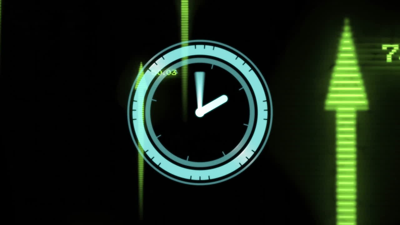 Animation of clock, digital data processing over green arrows