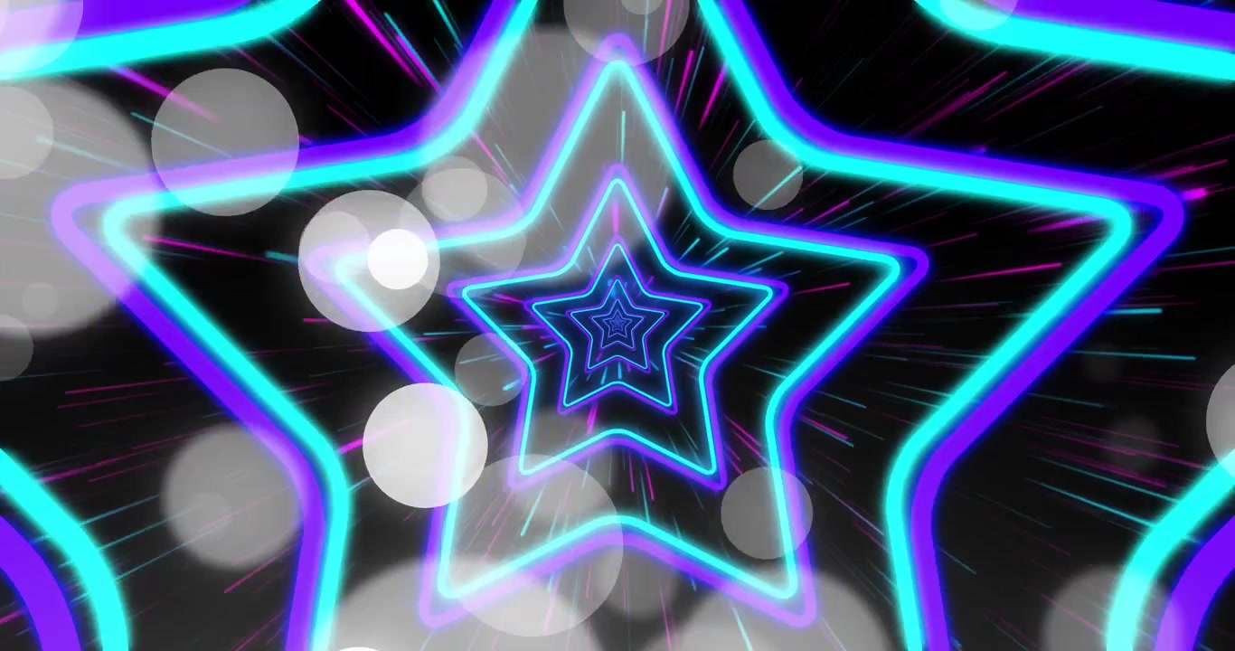 Render 3D che mostra contorni di stelle al neon luminose che formano un tunnel con scie di luce rosa e blu.
