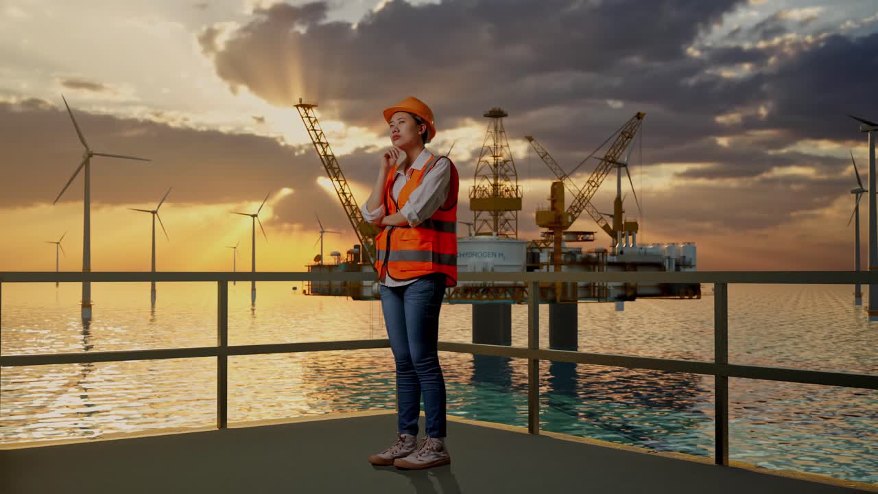 vista lateral completa del cuerpo de la ingeniera asiática con casco de seguridad pensando en algo y mirando a su alrededor mientras está de pie con la producción de hidrógeno