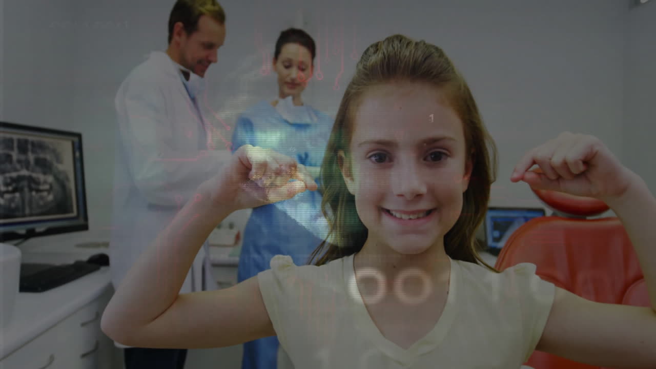 girl smiling, pointing at cheeks in red dental chair, with animated X?ray overlay and tooth icons