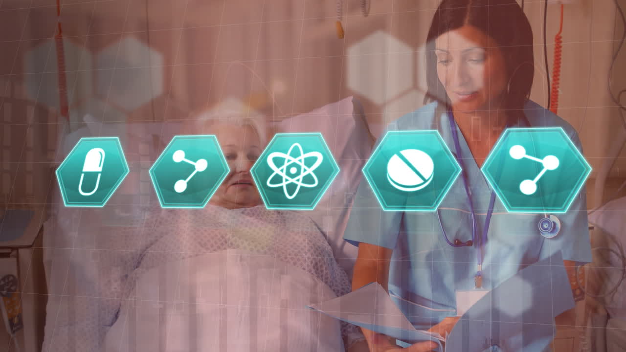 animación de iconos científicos sobre una doctora caucásica y una paciente mayor