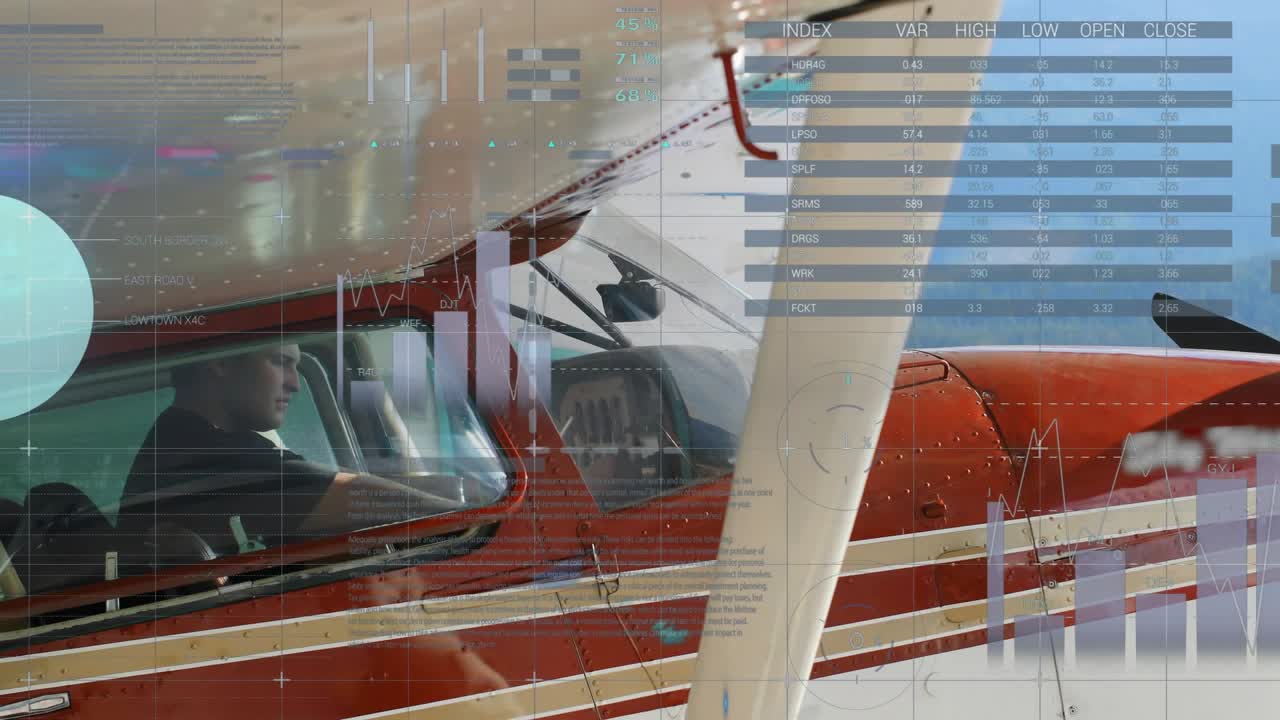 Male pilot monitoring flight metrics while view of red plane initiating transparent data overlay