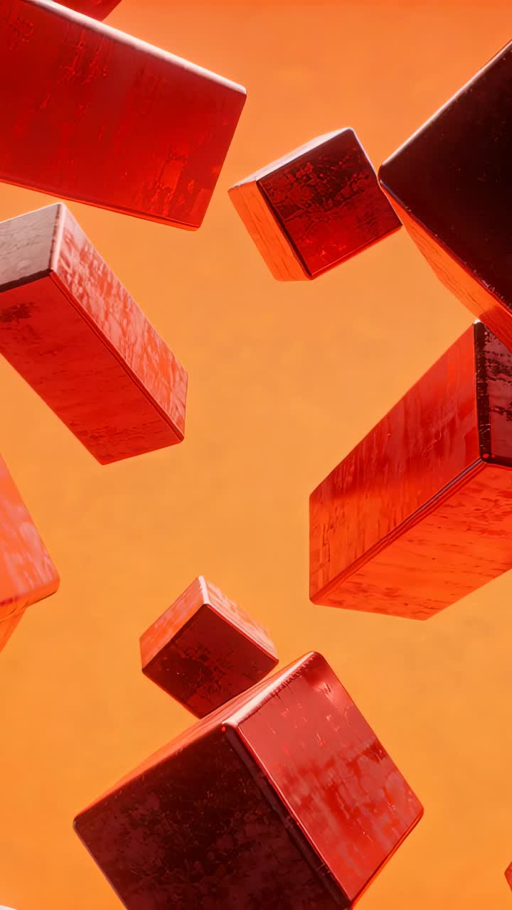 Vertical video: Animation starting, red cuboids tumbling in orange studio, with glints for parallax