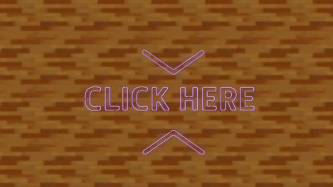 animación del texto de neón rosado parpadeante, haga clic aquí, sobre la textura digital de la pared de ladrillo