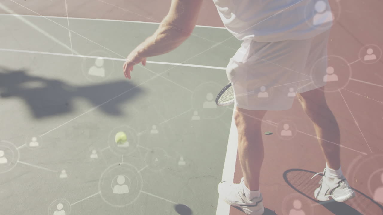 male tennis player swinging racket toward bouncing ball on court, displaying sports analytics nodes