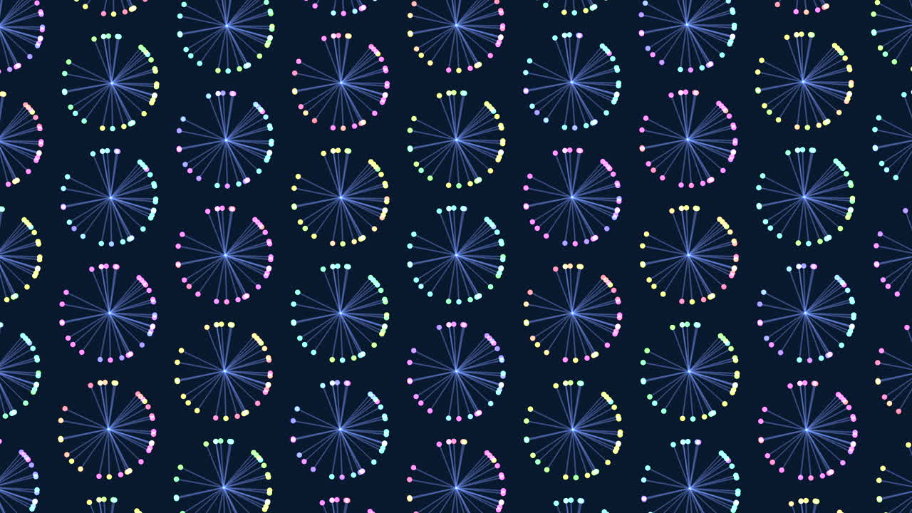 Motivo cosmico circolare di stelle blu e viola su sfondo nero