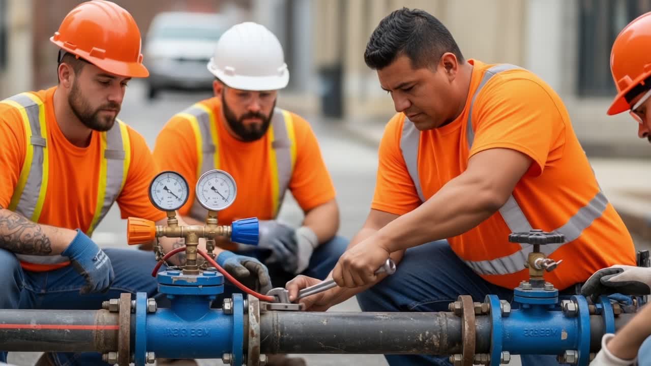 Team of Workers Collaborating on a Water Pipe Installation, Utilizing Tools and Equipment to Ensure Proper Functionality and Safety Standards in Construction