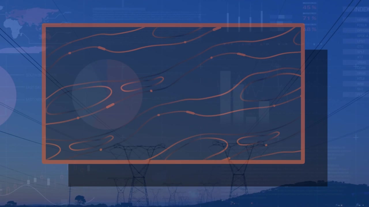Animation of data processing and shapes over electricity pylons