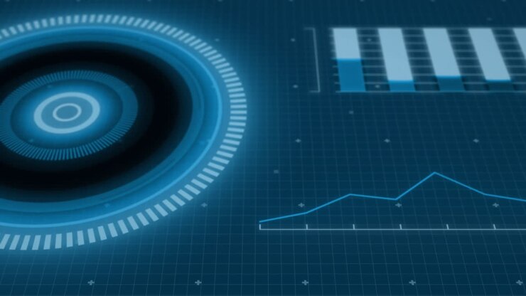 Animation of blue circular scanner processing with charts on interface with dark background