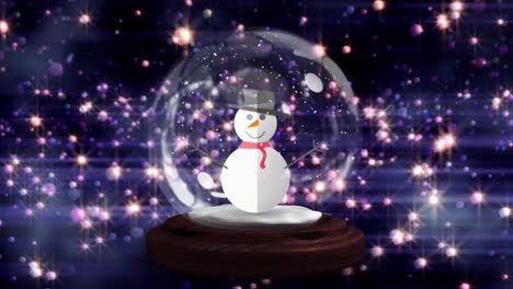 animation of snow globe with snowman over glowing stars on dark background