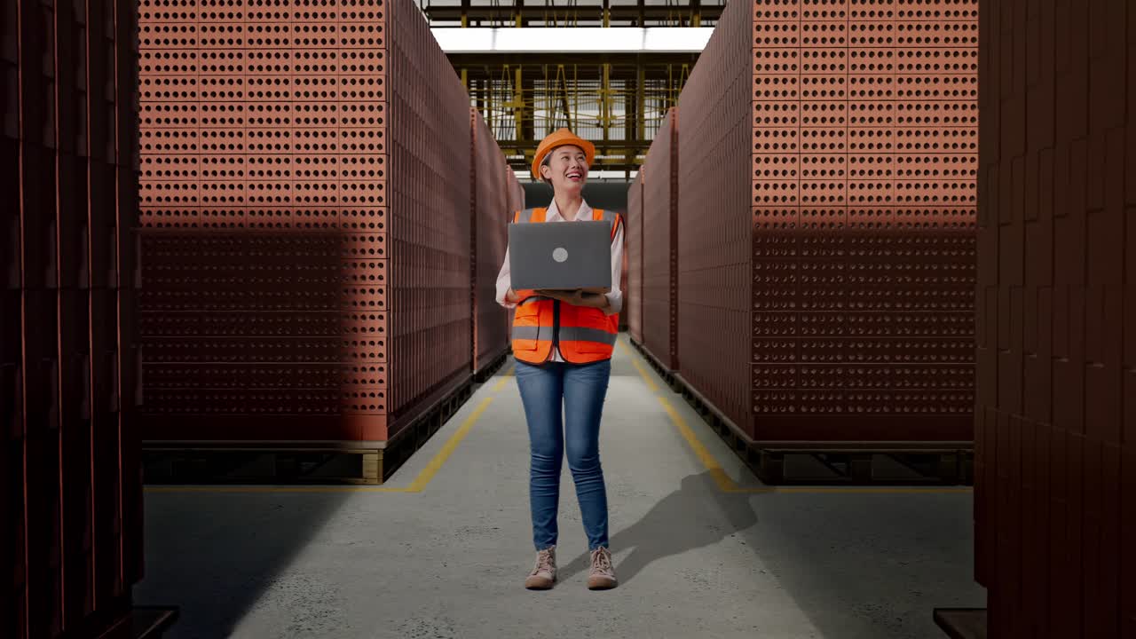 Full Body Of Asian Female Engineer With Safety Helmet Working On A Laptop And Looking Around While Standing With Red Brick Packed in Stacks Are Stored