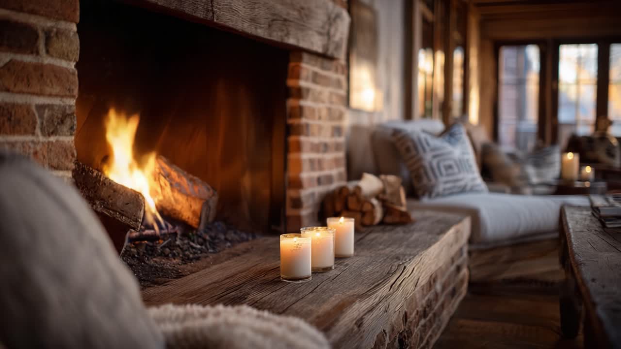 Una scena accogliente di un soggiorno con un caldo camino e fiamme tremolanti, tessuti morbidi e un elegante arredamento a candela che crea un'atmosfera invitante.