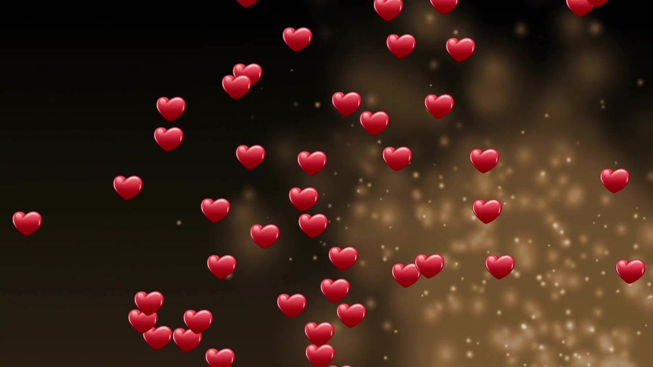 Icone a forma di cuore rosse lucide che fluttuano su una sfumatura dal scuro all'oro, rendering 3D con bokeh scintillante