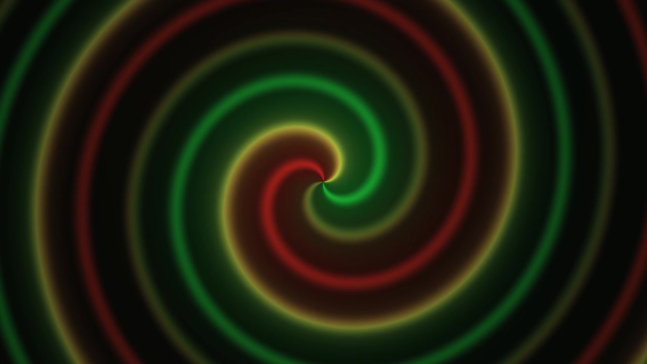 Glowing red, green, and yellow spiral bands twist inward against a dark background, creating a vivid abstract pattern with a hypnotic mood