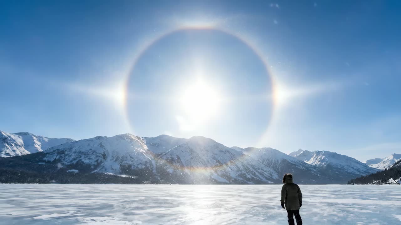 Person Standing on Frozen Lake Under Majestic Sun Halo