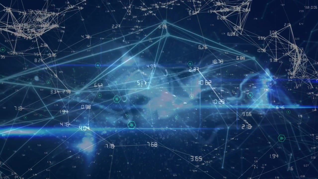 Animation of moving flare and dots connecting with lines with numbers against abstract background