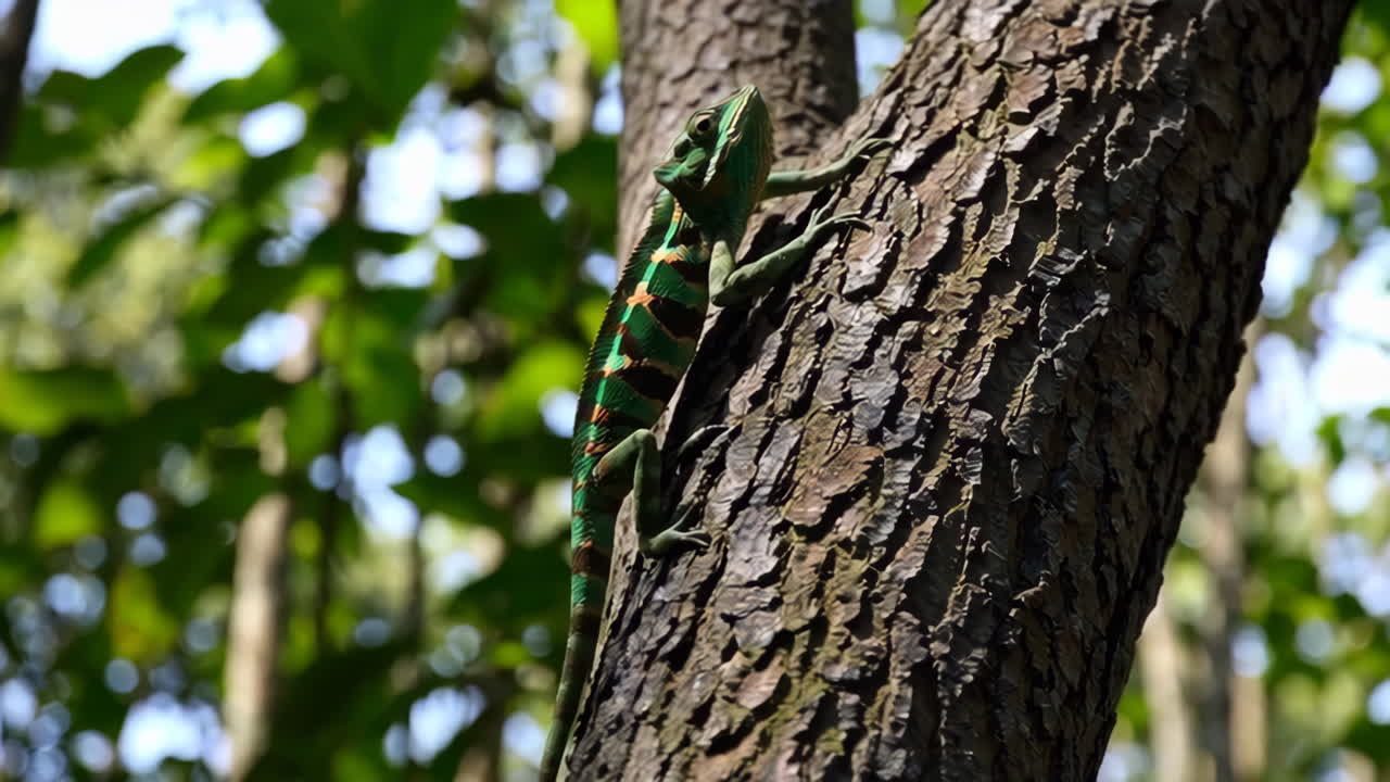 Green Lizard on Tree Trunk in Forest