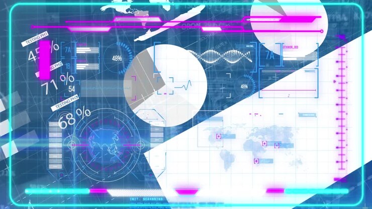 Animation of moving graphs, dna helix, map and programming data over graphical infographic interface