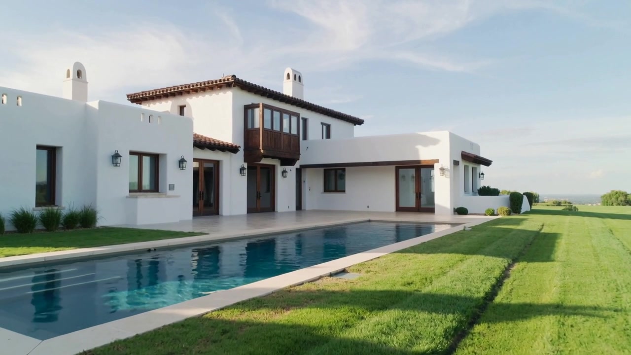 Telecamera che si avvicina riprendendo una villa mediterranea in stucco bianco, mostrando il balcone e i riflessi della piscina
