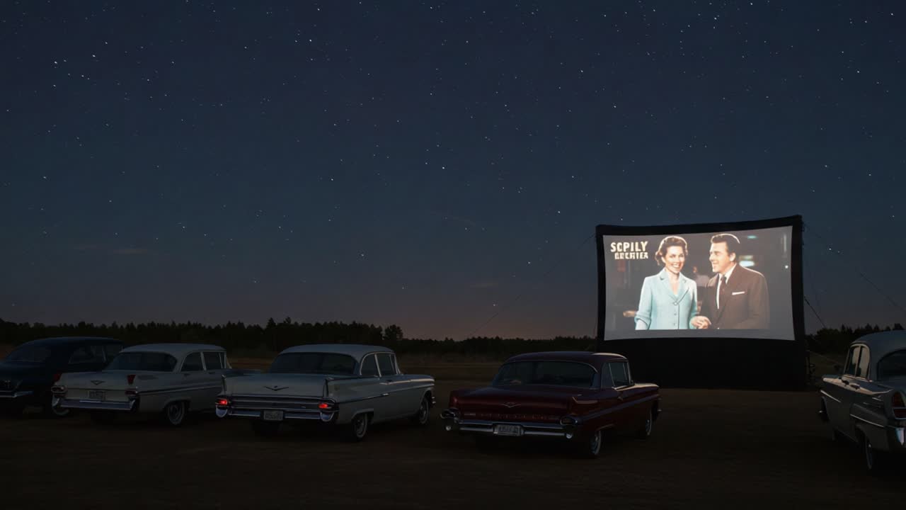 Vintage Drive-In Experience Under the Stars Featuring Classic Cars and Nostalgic Films in a Picturesque Night Setting