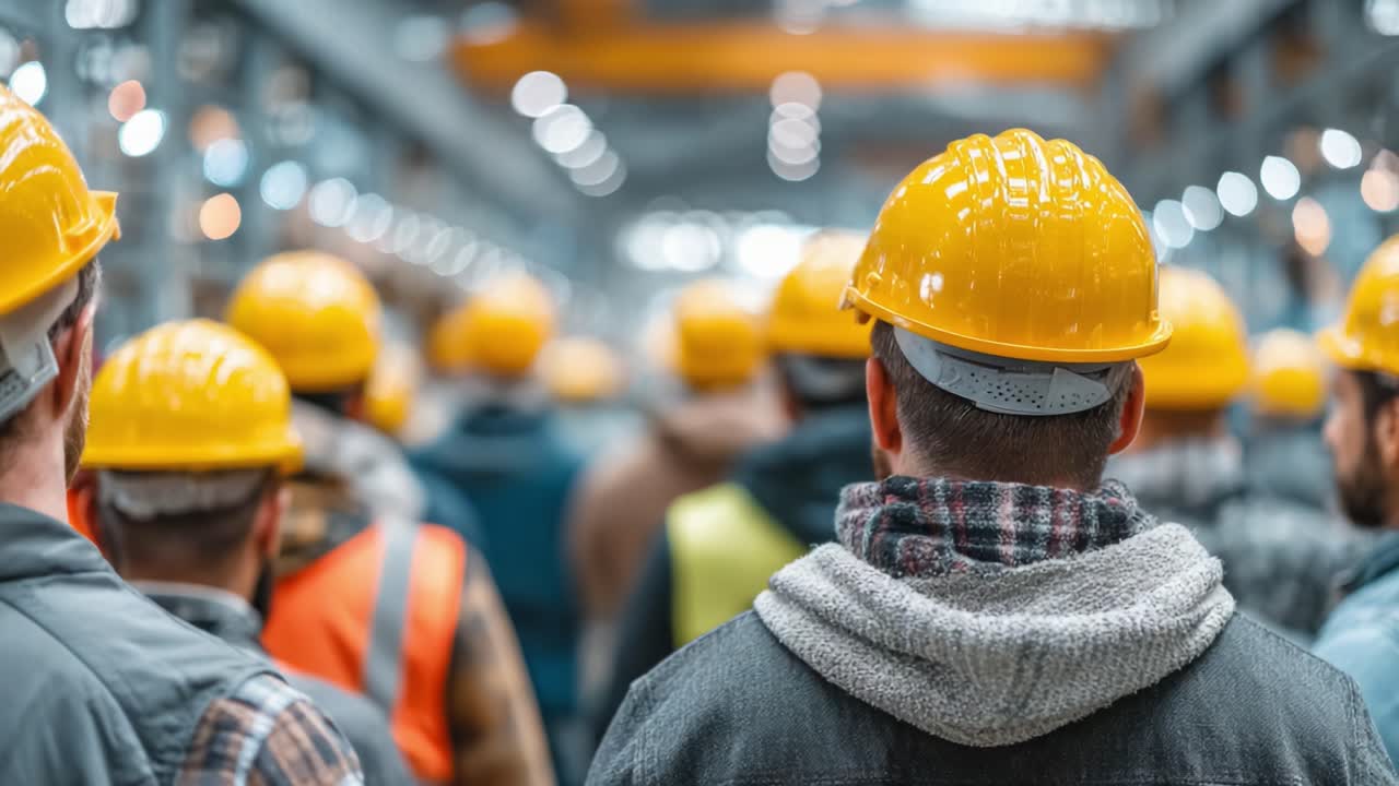 A Group of Workers in Yellow Hard Hats Gathering for a Meeting in a Modern Industrial Warehouse, Focusing on Safety and Collaboration in the Workplace Environment