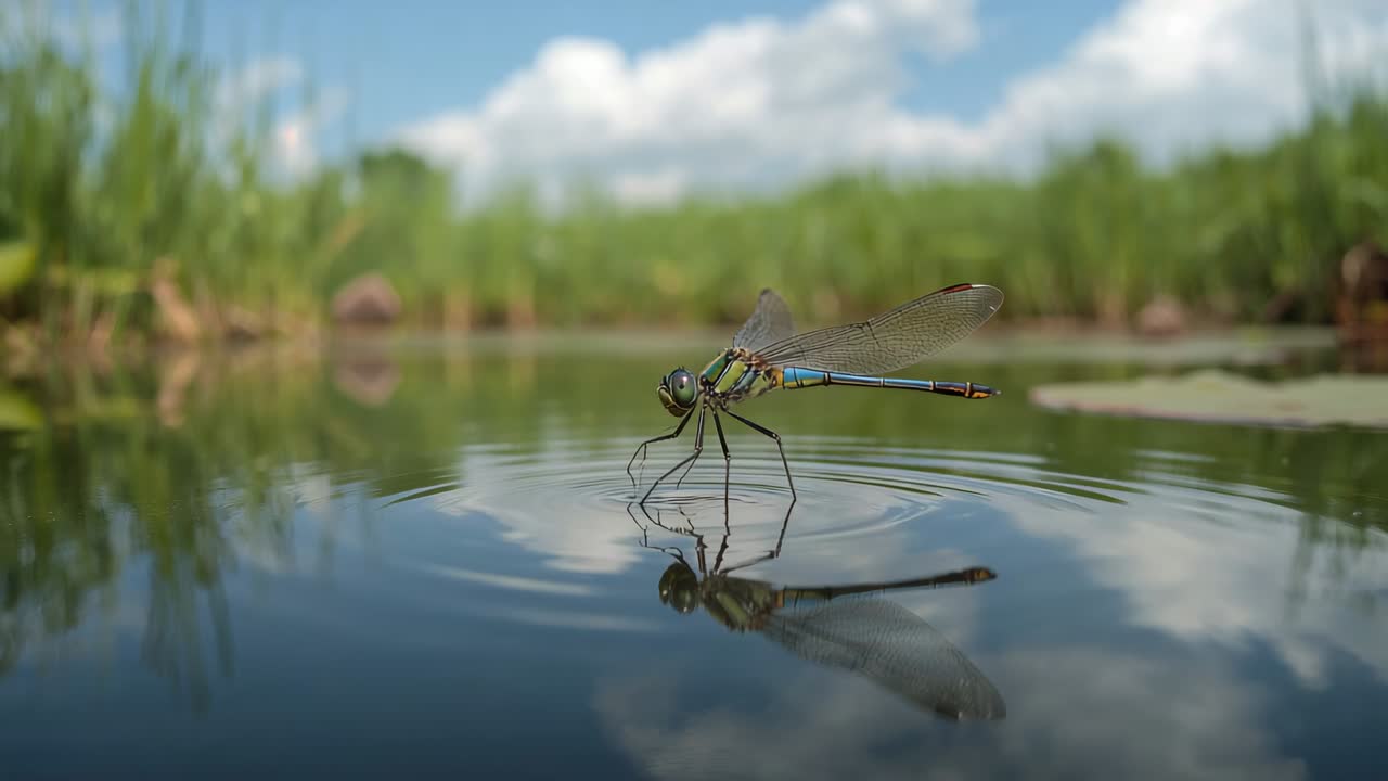 Hovering blue-green dragonfly probing water with legs at pond, creating ripples and reflection