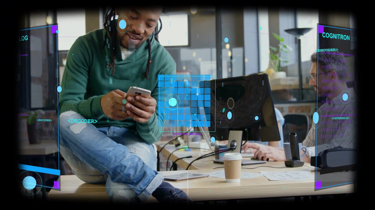 Man on desk tapping smartphone, checking app, AR UI reconfiguring around him in tech office